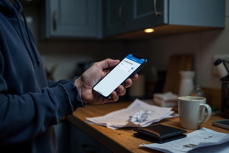 Parent using a smartphone app to locate a smart wallet on a kitchen counter