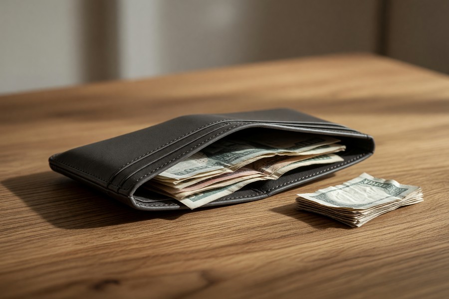 A parent's smart wallet open beside a school bag showing organized cards and cash