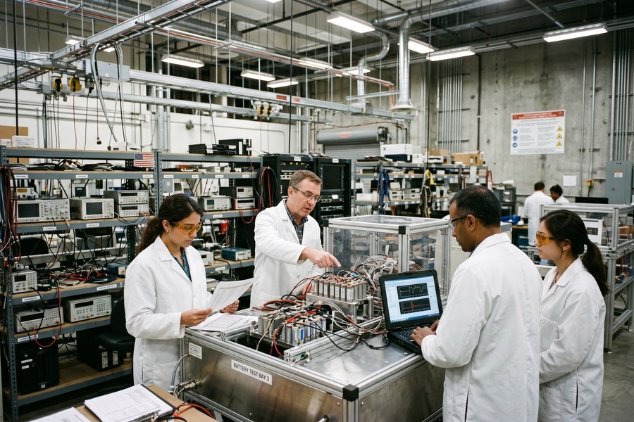 Laboratory researcher handling solid-state battery prototype in dry room environment