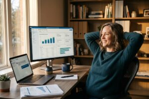 Solo accountant reviewing automated client financial reports on a laptop at a clean desk