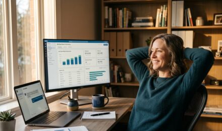 Solo accountant reviewing automated client financial reports on a laptop at a clean desk