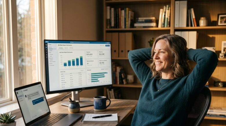 Solo accountant reviewing automated client financial reports on a laptop at a clean desk