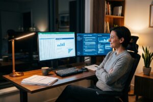Solo accountant using AI tools to automate client reports on a laptop
