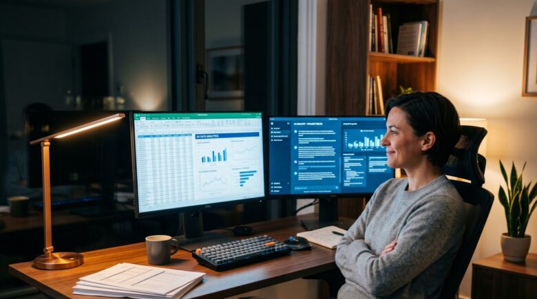 Solo accountant using AI tools to automate client reports on a laptop