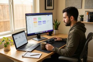 Solo developer building and selling a SaaS tool using no-code platforms on a laptop