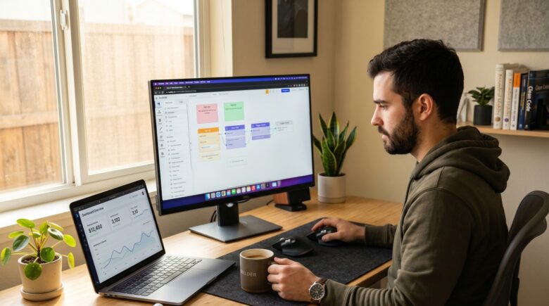 Solo developer building and selling a SaaS tool using no-code platforms on a laptop