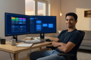 Solo developer building a serverless app on laptop without writing backend code