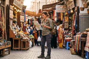 Solo female traveler with backpack exploring a colorful street market abroad on a budget
