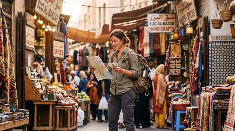 Solo female traveler with backpack exploring a colorful street market abroad on a budget