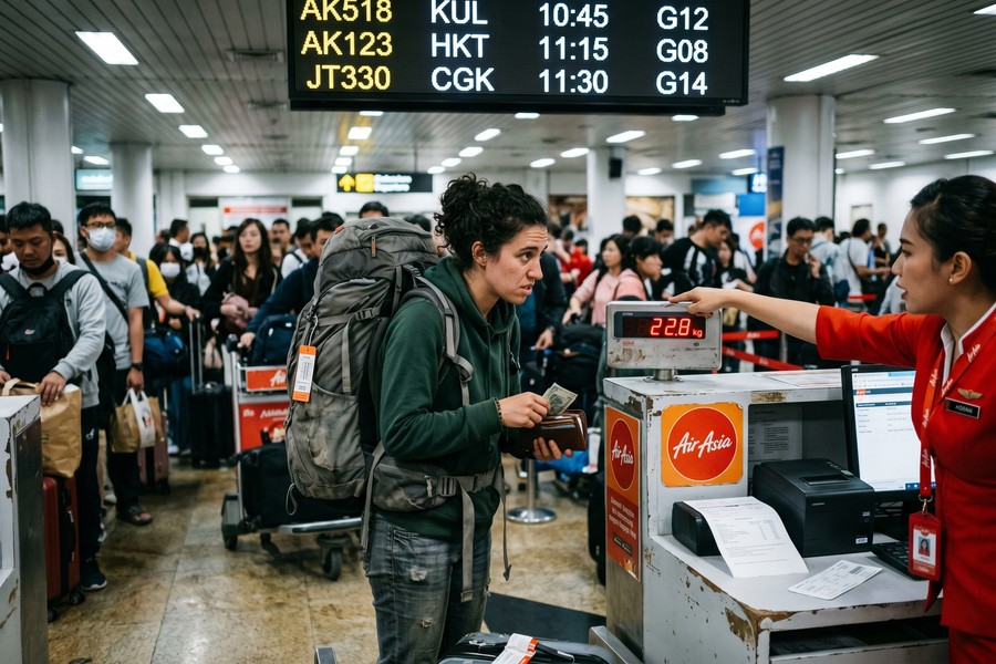 Solo female traveler boarding an overnight sleeper bus at a Southeast Asian bus terminal
