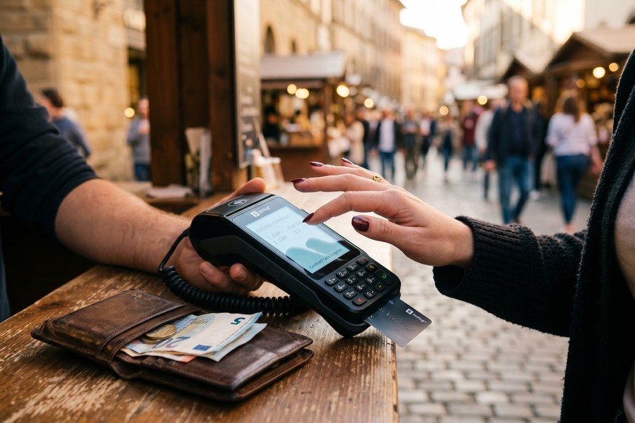 Solo female traveler using a smartphone app to track daily travel expenses at a cafe