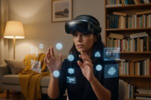 Side-by-side visual comparison of spatial computing and extended reality concepts shown through a person using a mixed reality headset