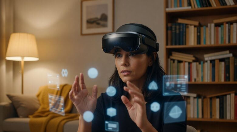 Side-by-side visual comparison of spatial computing and extended reality concepts shown through a person using a mixed reality headset