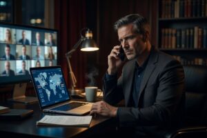 Consultant using a time zone app on laptop to schedule a global client meeting