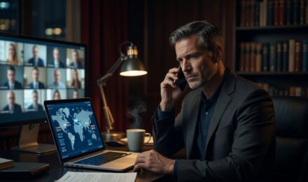 Consultant using a time zone app on laptop to schedule a global client meeting