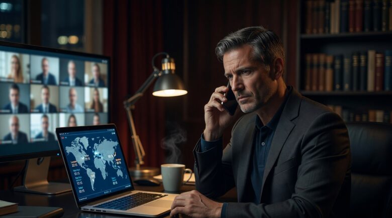 Consultant using a time zone app on laptop to schedule a global client meeting
