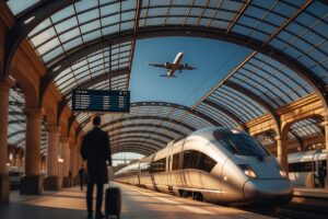 Traveler comparing train and plane options on a map of Europe with cost and time notes