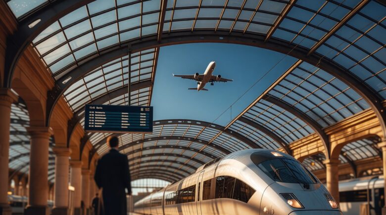 Traveler comparing train and plane options on a map of Europe with cost and time notes