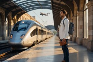 Traveler comparing train and plane options for a short trip across Europe