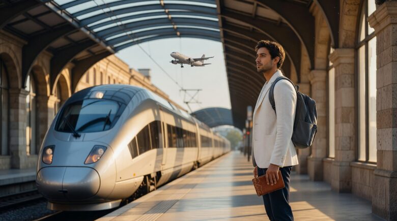 Traveler comparing train and plane options for a short trip across Europe