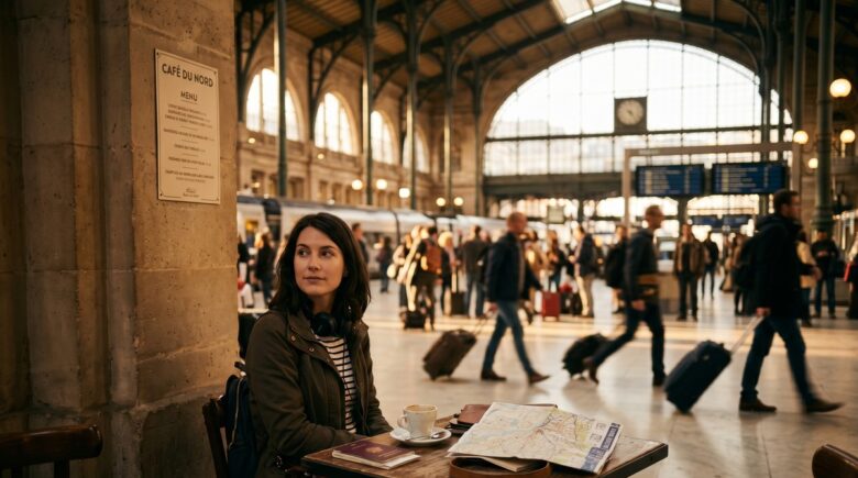 Introvert traveler sitting quietly in a scenic spot away from crowds with a journal and backpack