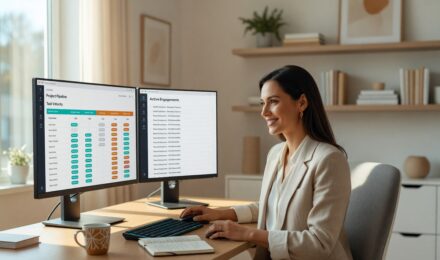 Service business owner comparing Trello alternatives on a laptop for managing recurring client projects