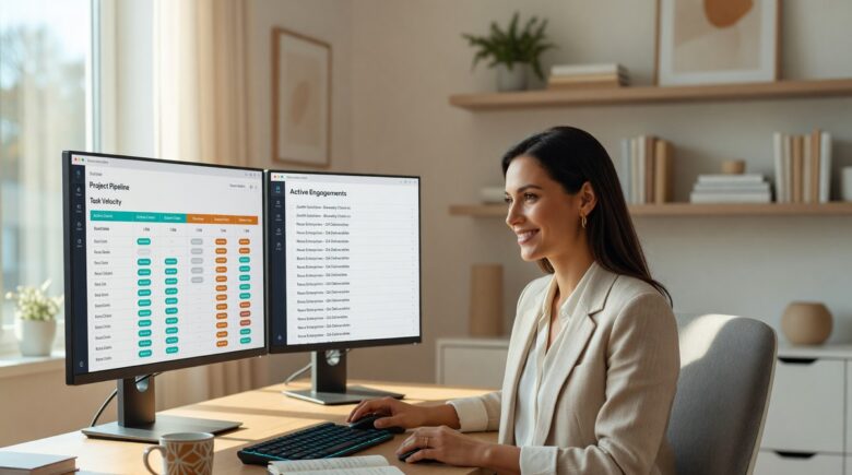 Service business owner comparing Trello alternatives on a laptop for managing recurring client projects