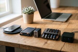 Assortment of modern charging gadgets including a GaN wall charger, wireless charging pad, and USB-C docking station on a desk