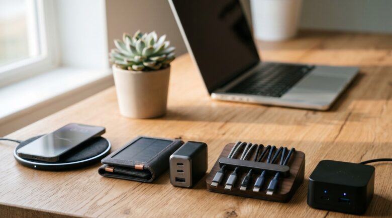 Assortment of modern charging gadgets including a GaN wall charger, wireless charging pad, and USB-C docking station on a desk