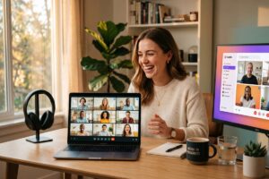 Remote team members using a Zoom alternative video conferencing app on laptops during an online meeting