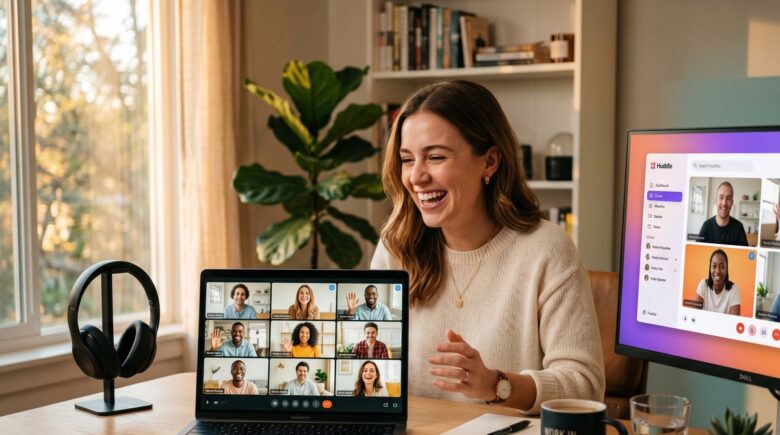 Remote team members using a Zoom alternative video conferencing app on laptops during an online meeting