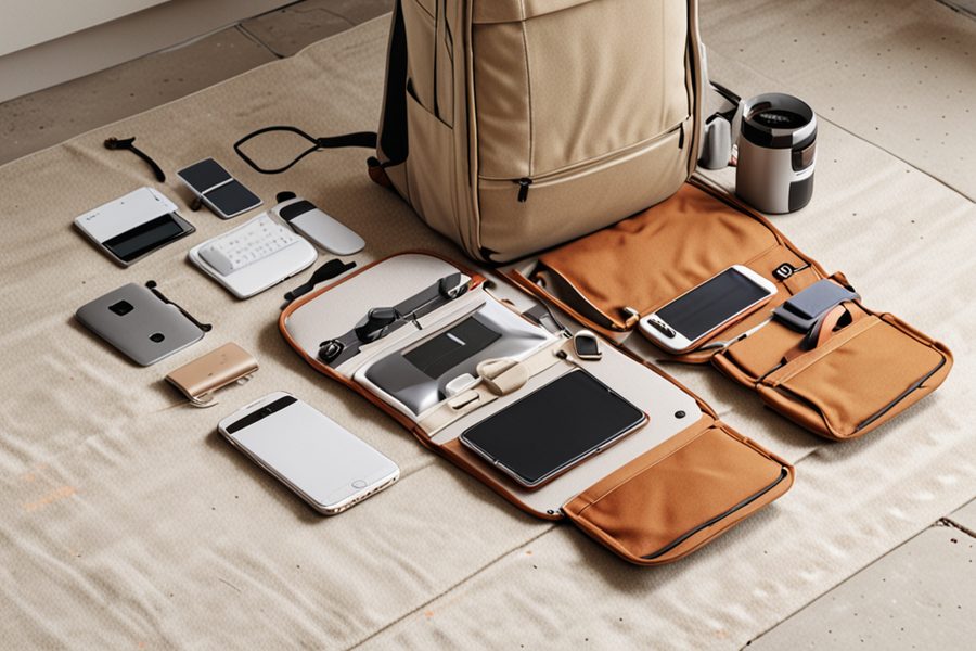 The minimalist tech set-up: laptop, tablet, charging gear, and essentials.