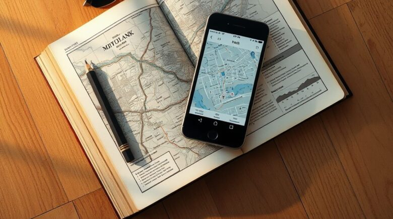 A smartphone showing GPSmyCity and Wanderlog apps with travel maps and itinerary planning interface