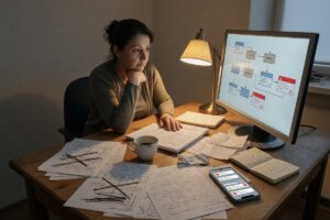 Small business owner reviewing AI automation setup on laptop with data and security icons