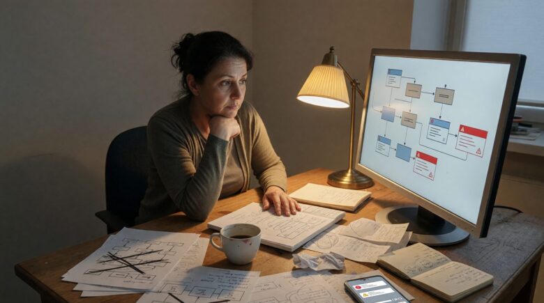 Small business owner reviewing AI automation setup on laptop with data and security icons