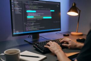 Solo developer at desk working on laptop with AI code assistant interface visible on screen