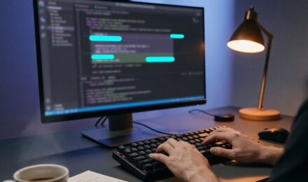 Solo developer at desk working on laptop with AI code assistant interface visible on screen