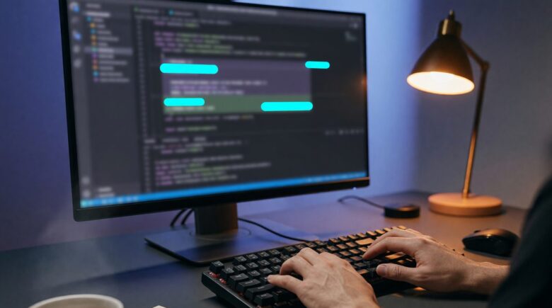 Solo developer at desk working on laptop with AI code assistant interface visible on screen