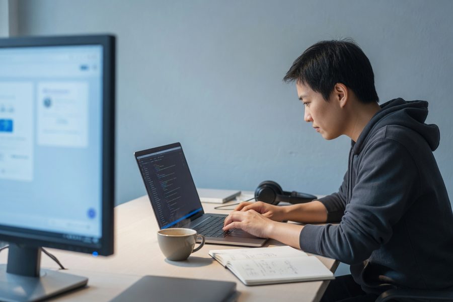 Solo developer using Cursor IDE with AI chat panel on multiple monitors
