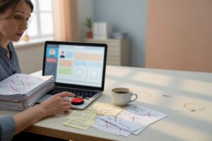 Hiring manager reviewing AI recruiting automation tool with candidates in background