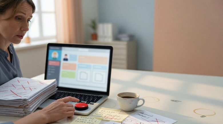 Hiring manager reviewing AI recruiting automation tool with candidates in background