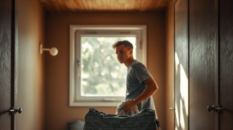 Foldable laundry bag in use for travel organization