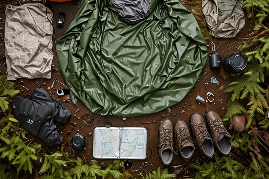 Backpacker checking a phone map app beside a snow-patched Pacific Northwest trail in spring