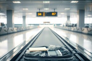 A traveler using an AirTag to track a lost suitcase at the airport