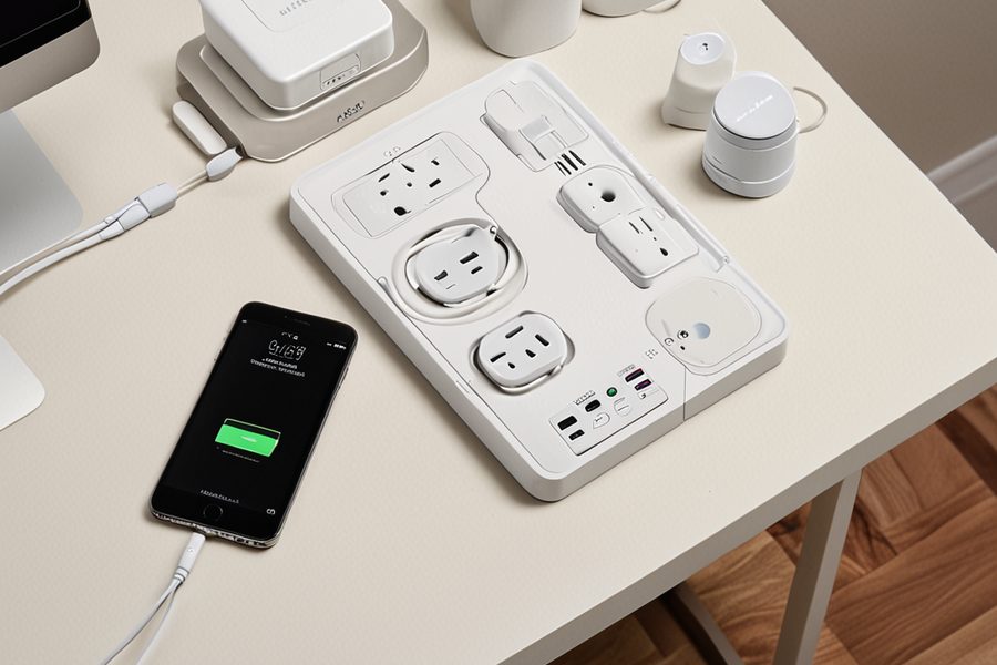 Bali villa with dual 200W outlets and a power strip managing four devices
