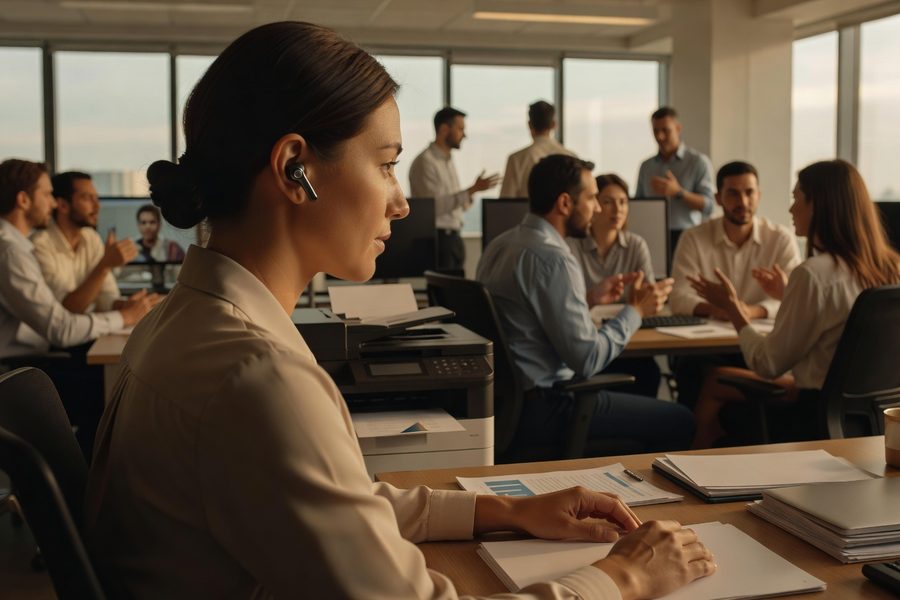 Open-plan office with multiple coworkers and visible noise-canceling earbuds