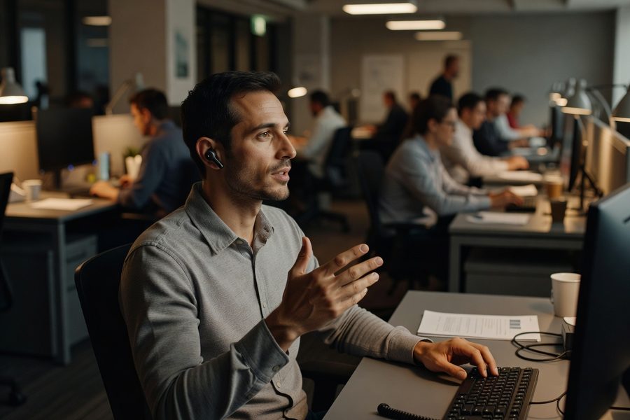 Person wearing earbuds in a busy open-plan office, focused on a laptop