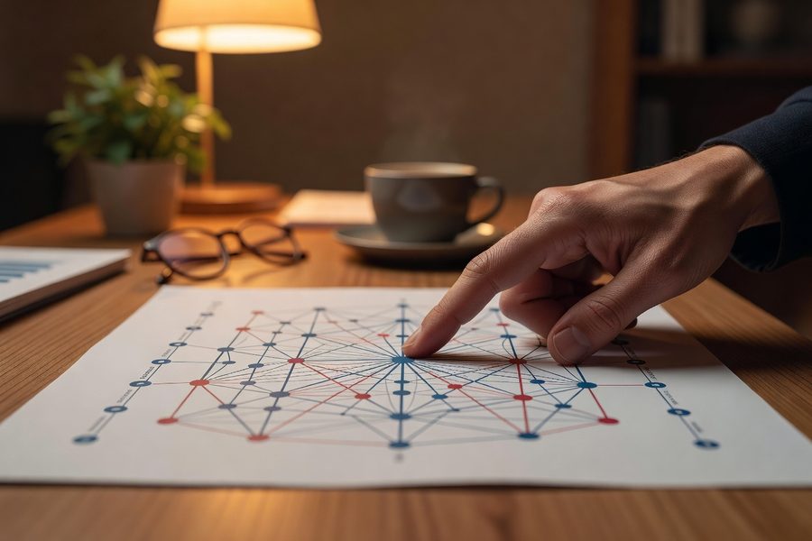 Security auditor reviewing a smart contract on a large monitor