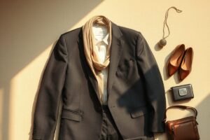 Professional woman in performance wool business suit at airport gate preparing for flight