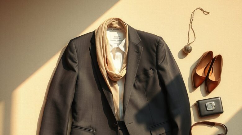 Professional woman in performance wool business suit at airport gate preparing for flight
